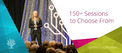 Female speaker on stage, "150+ sessions to choose from"