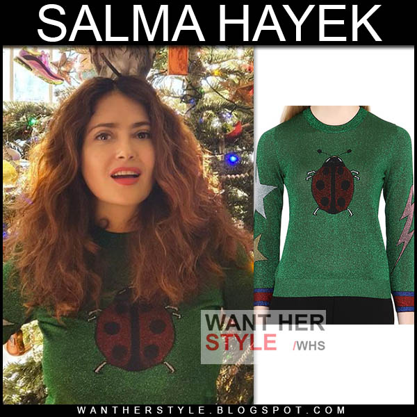 Salma Hayek in green ladybug sweater