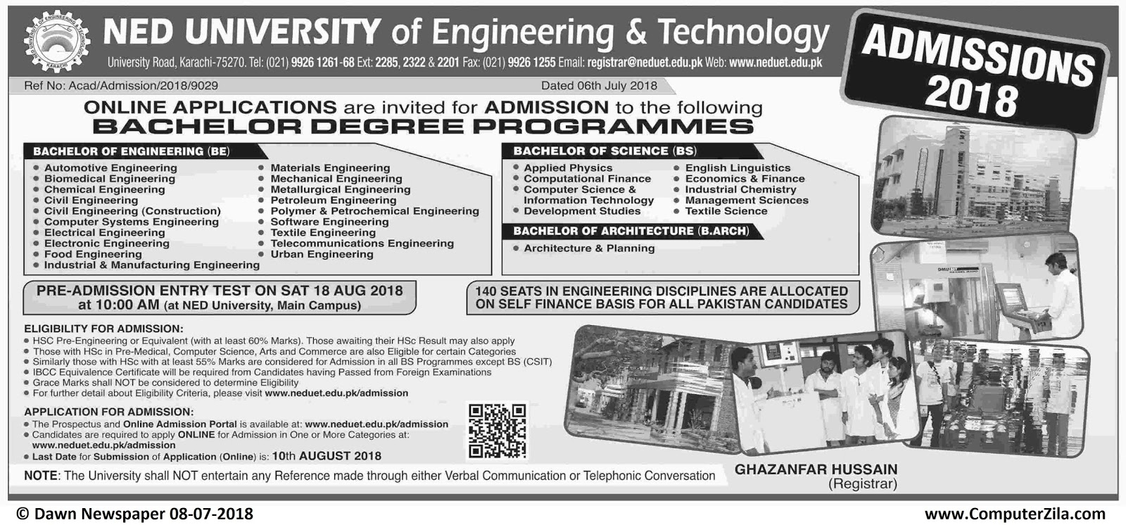 NED University of Engineering & Technology Admissions Fall 2018