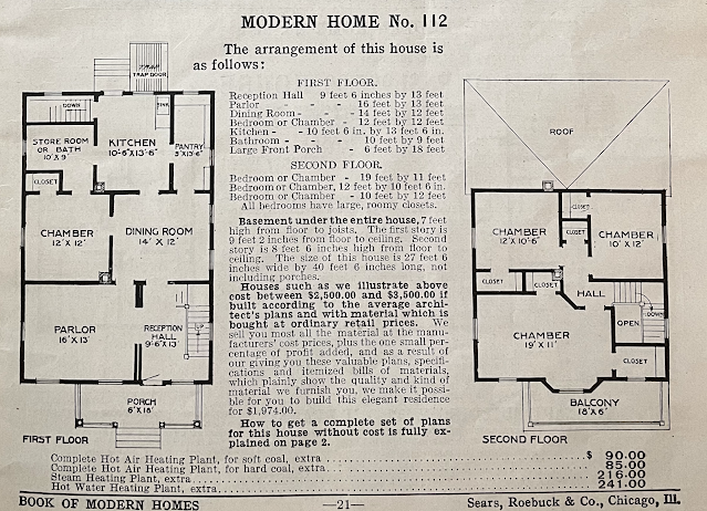 black and white drawing of Floorplan of the Sears No 112, as shown in the 1908 Sears Modern Homes catalog