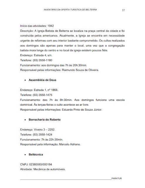 INVENTÁRIO DA OFERTA TURISTICA DE BELTERRA - 2007 -  Belterra - Pará - Brasil