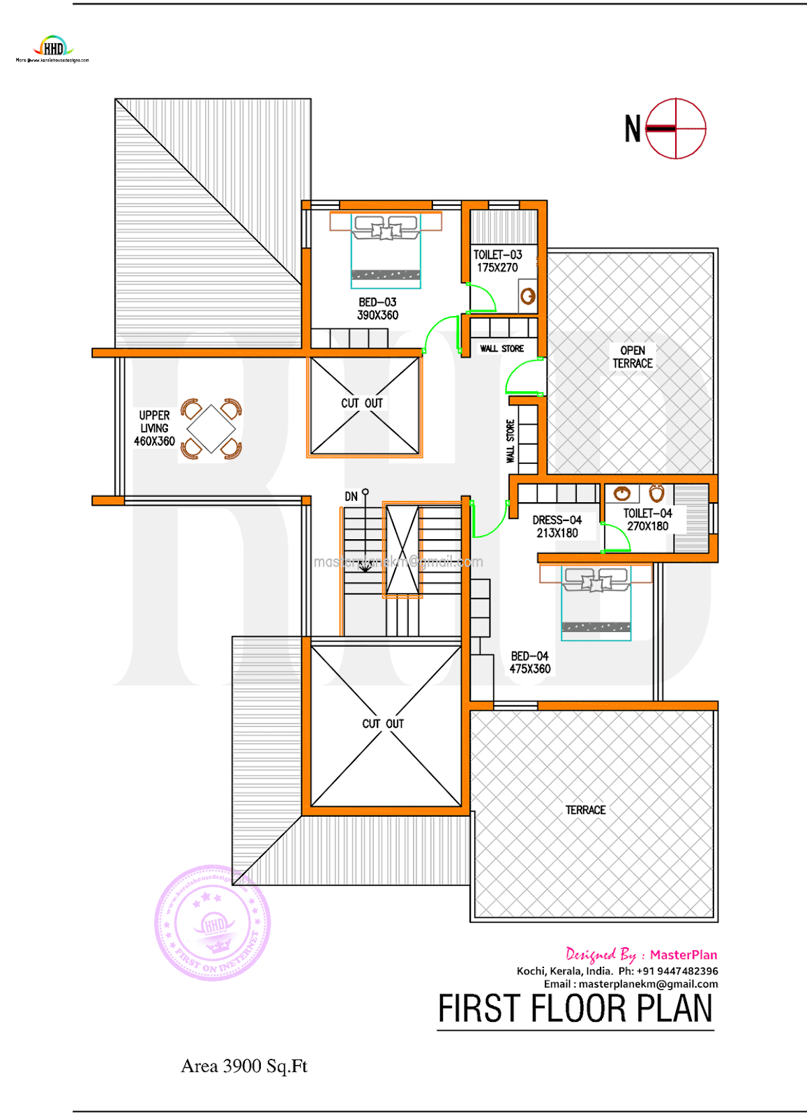 First Floor Plan Drawing of the 4-Bedroom Slanting Roof Mix House