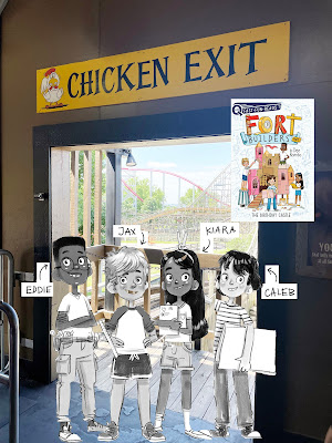 four illustrated children stand in front of a real doorway. In the background is a rollercoaster. Above the door is a sign that says "Chicken Exit."