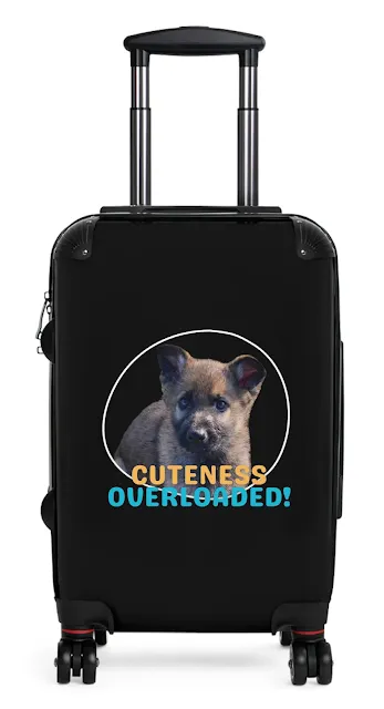 Travel Suitcase With A European Dark Sable Cute German Shepherd Puppy and Caption Cuteness Overloaded