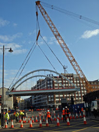 the bridge swings into place