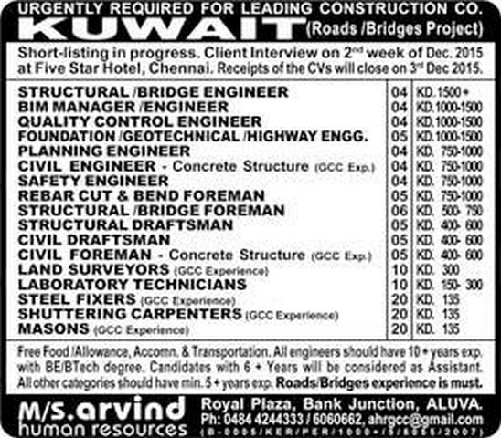 Roads & Bridge Project Jobs for Kuwait - free food & Accommodation