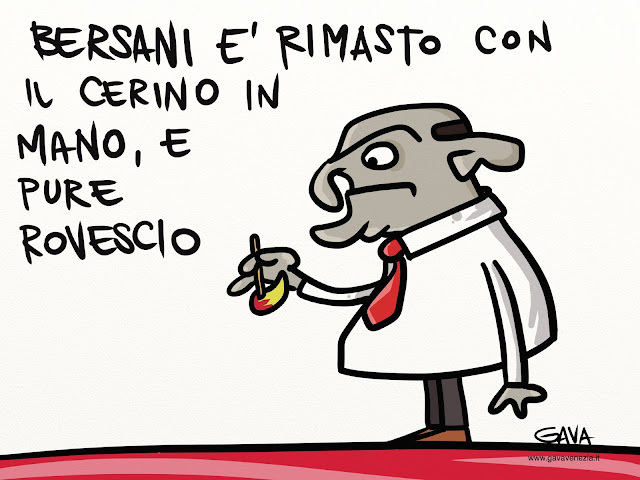 gavavenezia gava vignette illustrazioni caricature ridere piangere pensare satira bersani cerino pd fuoco mano calvo rovescio