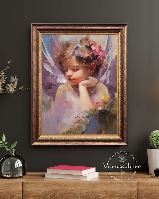 beautiful angel, innocent heavanly painting impasto thick paint oil painting in highly textured painterly style by Biju Varnachitra