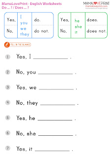 MamaLovePrint . Grade 1 English Worksheets . Basic Grammar (Do, Does, Do not, Does not) PDF Free Download