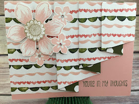 This Blushing Bride and Mossy Meadow Thinking of You card uses Stampin' Up!'s: Beautiful Bunch stamp set, Fun Flower punch, and more!  It's the Drapery Fold Technique using Birthday Bouquet Designer Paper: cut paper to 4 x 11 1/2; score at 3, 4, 6, 7, 9, 10.  Make a pencil mark at 1 5/8 on the end opposite of the first 3" score mark and cut with paper trimmer from that pencil mark to the very first 3" score mark.  Tutorial for 4 classes (including this card) only $10.  See "Events" at www.stampwithjennifer.blogspot.com.  It's the May 2016 Tutorials.  Thanks!