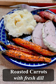 title image of a plate of roasted carrots with fresh dill, mashed potatoes, and roast pork with a yogurt mustard dill coating