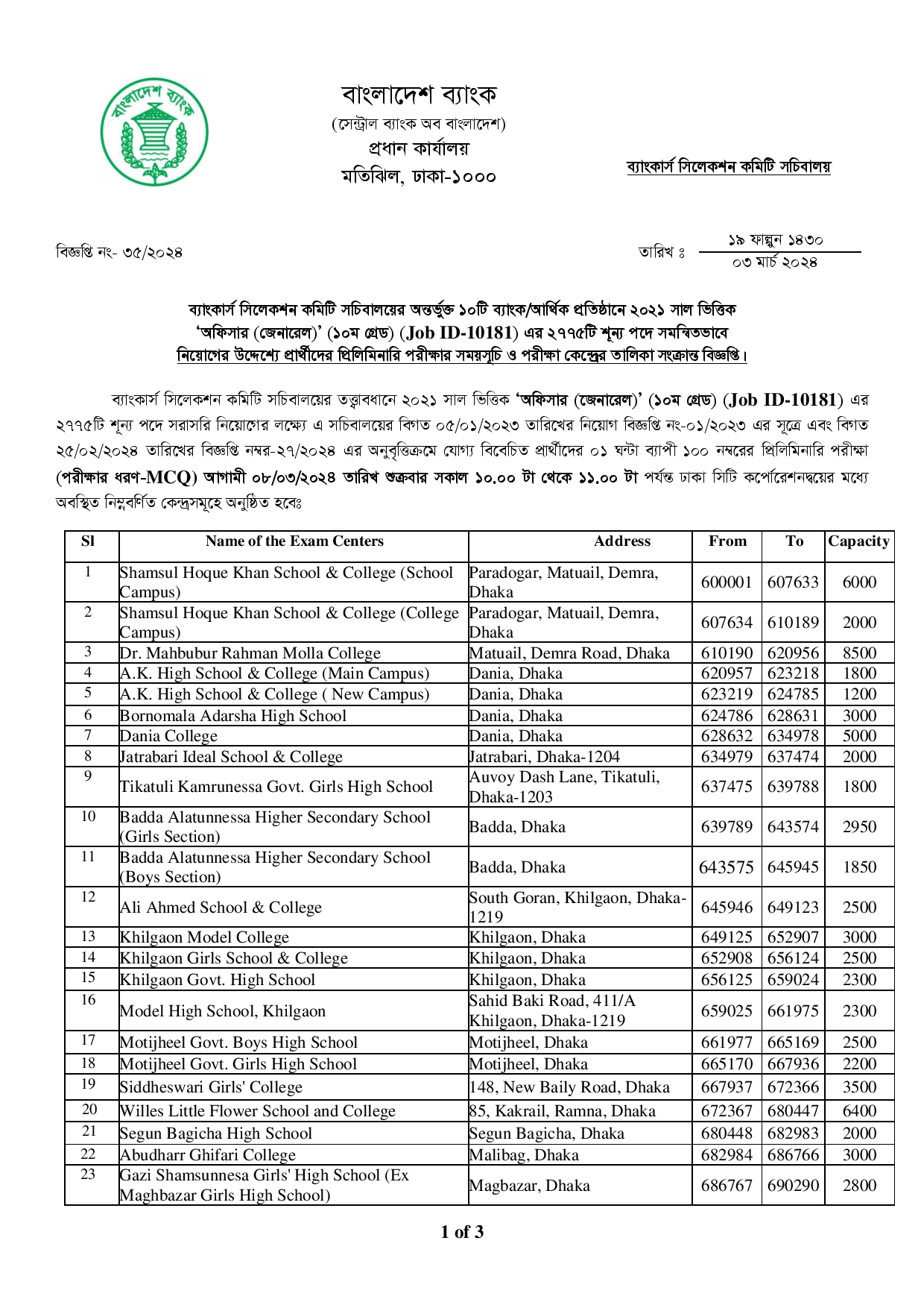 Bangladesh Bank Officer (General-10181) Exam Schedule and Center List