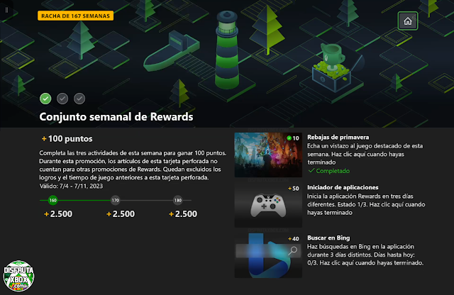 Conjunto semanal de Rewards: 100 puntos (167 Semanas completadas)