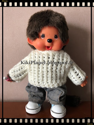 pull à côtes ajourées,fait main, kiki,monchhichi, handmade, tricot, vintage, peluche