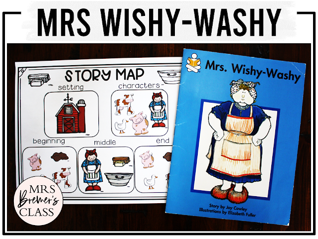 Mrs Wishy Washy book activities unit with literacy printables, reading comprehension activities, lesson ideas, companion worksheets for Kindergarten and First Grade