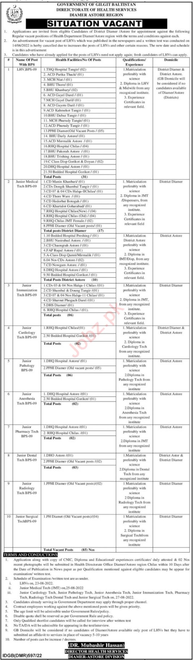 Directorate of Health Services Diamer Astore Region Jobs 2022 GB