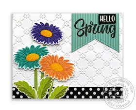 Sunny Studio Blog: Layered Daisy Hello Spring Handmade Card (using Cheerful Daisy & Background Basics Stamps, Frilly Frames Eyelet Lace & Fishtail Banner Die and Dots & Stripes Pastel Paper)