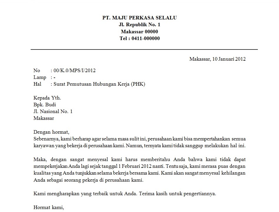 Contoh Surat Pemberhentian Kerja - Besar