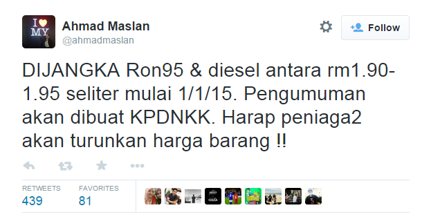 Harga Baru RON95, RON97 dan Diesel Turun Pada 1 Januari 2015