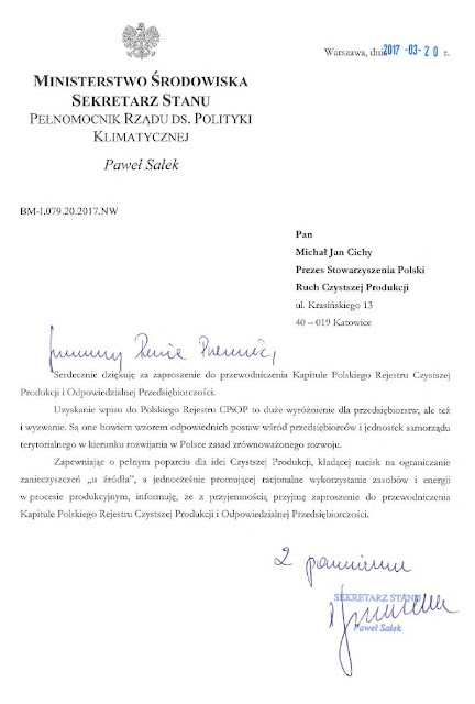 Pismo z Ministerstwa Środowiska - Nowy Przewodniczący Kapituły PRCPiOP