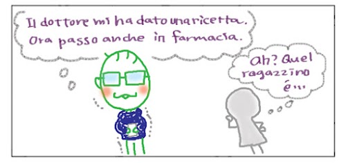 Il dottore mi ha dato una ricetta. Ora passo anche in farmacia. Ah? Quel ragazziono e'...