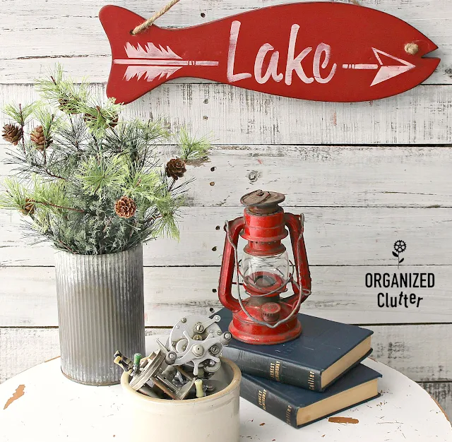 Thrift Store Fishing Rod Holder Repurposed As Lake Sign #oldsignstencils #stencil #upcycle #sign #thriftshopmakeover #Lakesign