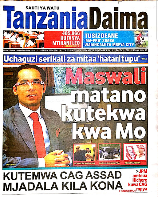 Magazeti ya Tanzania ya leo Jumatatu 04,Novemba 2019