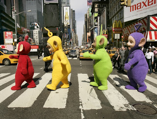 Picture (c) 2007 BBC of the Teletubbies crossing the road in New York