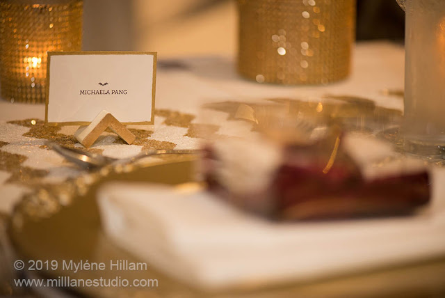 Triangular place card holder for the bridal table.