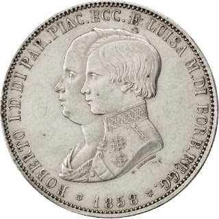 Italian States Parma 5 Lire Silver Coin 1858 Regent Marie-Louise and son Robert I Duke of Parma