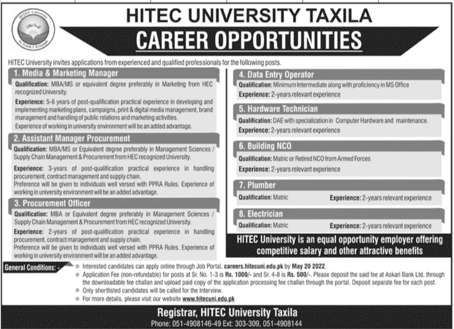 HITEC University Non Teaching Staff Management Jobs Taxila 2022