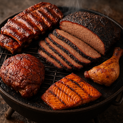 A high-resolution photograph showcases a variety of smoked meats on a round charcoal grill, including sliced brisket with a dark bark, glazed pork ribs, a smoked chicken leg, pulled pork shoulder, and a fillet of smoked salmon, all surrounded by gentle wisps of smoke.