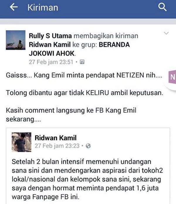 Saking Paniknya, Cyber Ahokers Serbu Fanpage Ridwan Kamil "Tidak Setuju RK ke DKI"