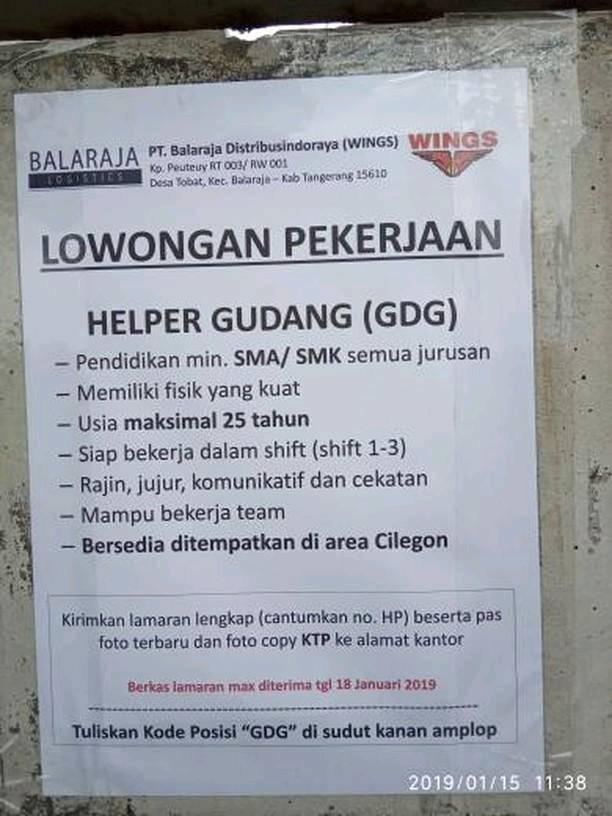 Lowongan Helper Pt Balaraja Distribusindo Raya Wings Januari 2019 Serangid