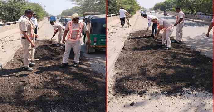 faridabad-traffic-police-jawan-started-filling-potholes-shovel