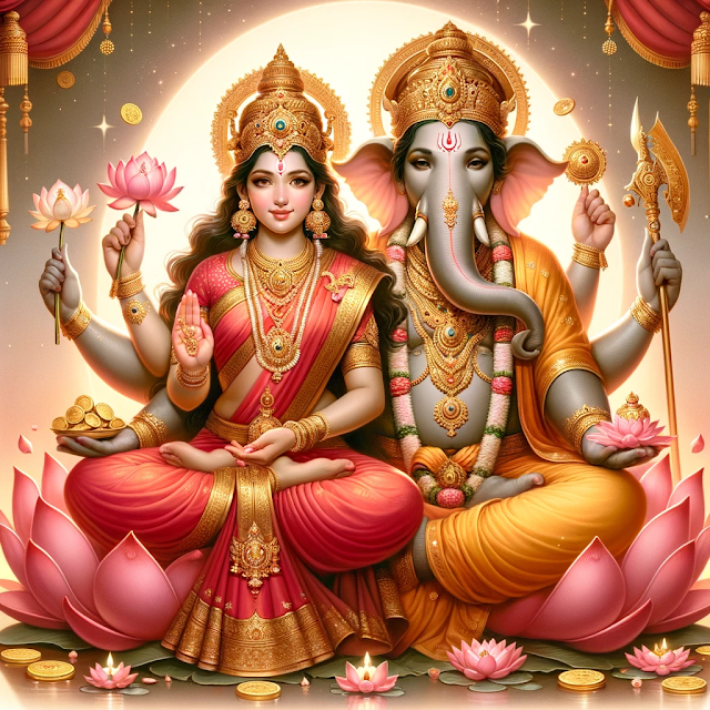 Hindu deities, Lakshmi and Ganesha, in a celestial ambiance.