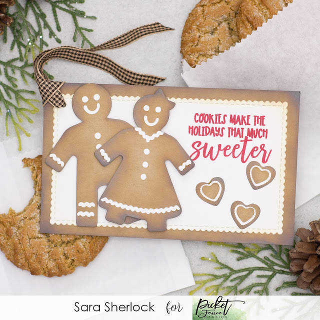 Fun holiday tag for treats.  Created with Picket Fence Studios "Gingerbread People" stamp set, Gingerbread Betty, and Gingerbread Bob Dies, and the new Mini Slim Line Stitched and Scalloped Rectangles Die Cutting System.