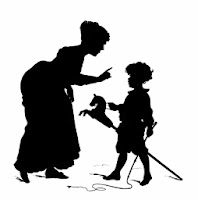 Vintage silhouette of a woman chastising a small boy with a toy horse on a stick. 