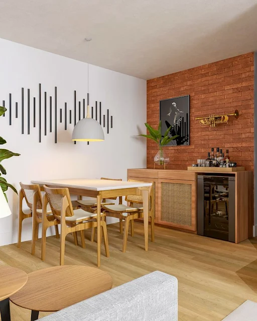 parede decorativa pode ser um ponto focal interessante na sala de jantar