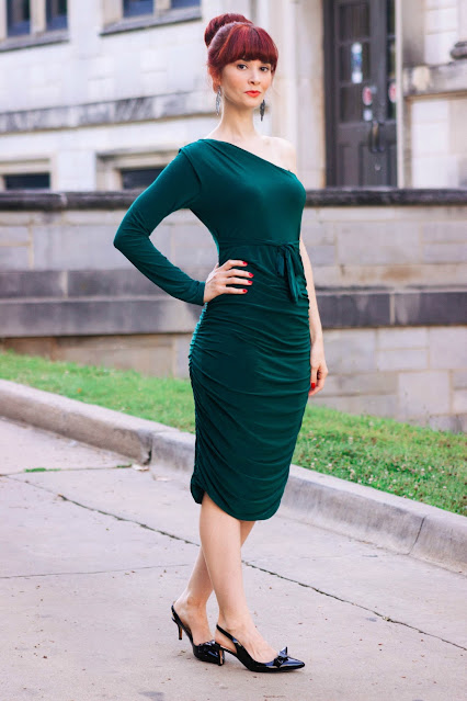 Emerald One Shoulder Ruched Slinky Midi Dress - Savannah from FemmeLuxeFinery.co.uk