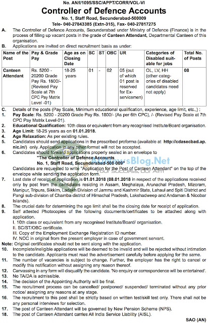 Controller of Defence Accounts Recruitment 2018