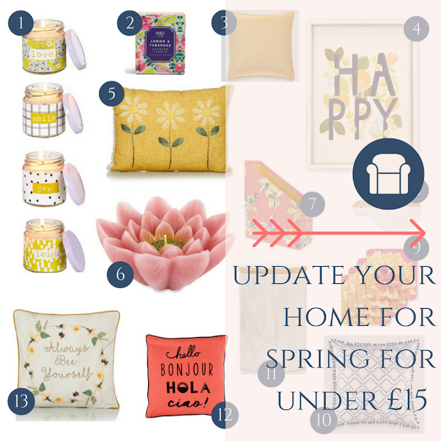 Update your interior design for Spring, adding spring inspired colours, decor and accessories into your home cheaply and without the need for redecorating, using my pick of the best interiors from high street for Spring 2017, all for less than £15