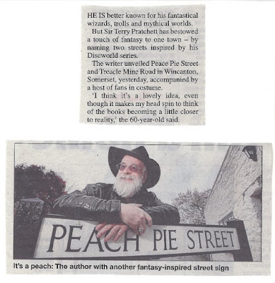 Terry Pratchett and a Peach Pie Street sign