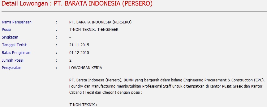 Lowongan Kerja BUMN PT. BARATA INDONESIA (PERSERO 