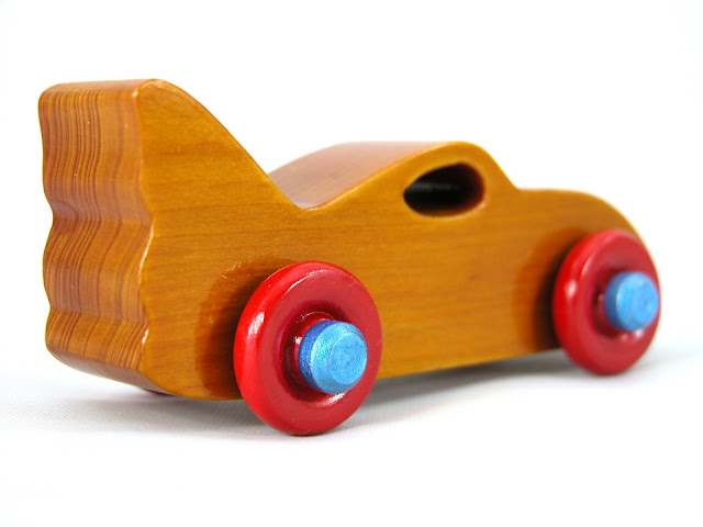 Wood Toy Bat Car from the Play Pal Collection Handmade and Painted with Amber Shellac, Bright Red, and Metallic Sapphire Blue