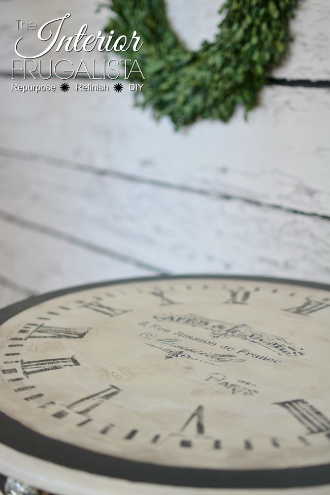 A dated Queen Anne style accent table gets an Old World Clock Face makeover with black chalk paint after two previous failed makeover attempts.