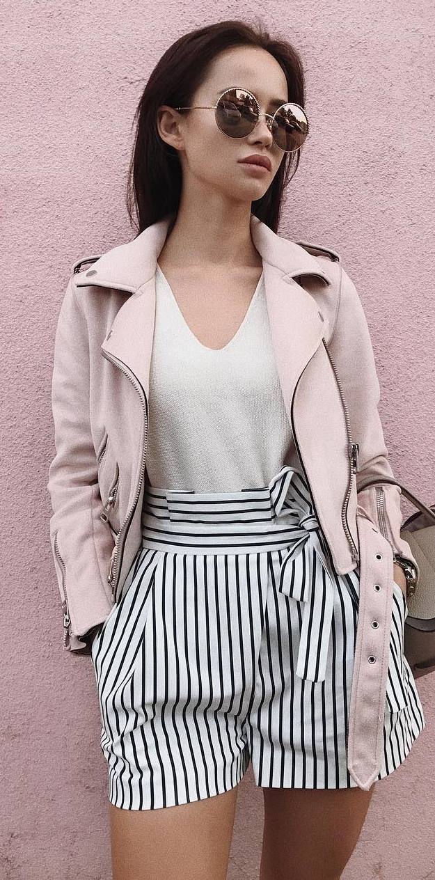 what to wear with stripped shorts : pink biker jacket + top + bag