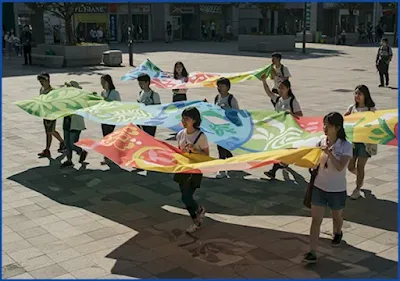 사회적 가치를 지지하며 함께 행진하는 MZ세대와 다양한 연령대의 사람들, 연대의 힘을 상징하는 역동적인 이미지.