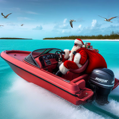 santa with toy bag driving red speedboat on tropic sea