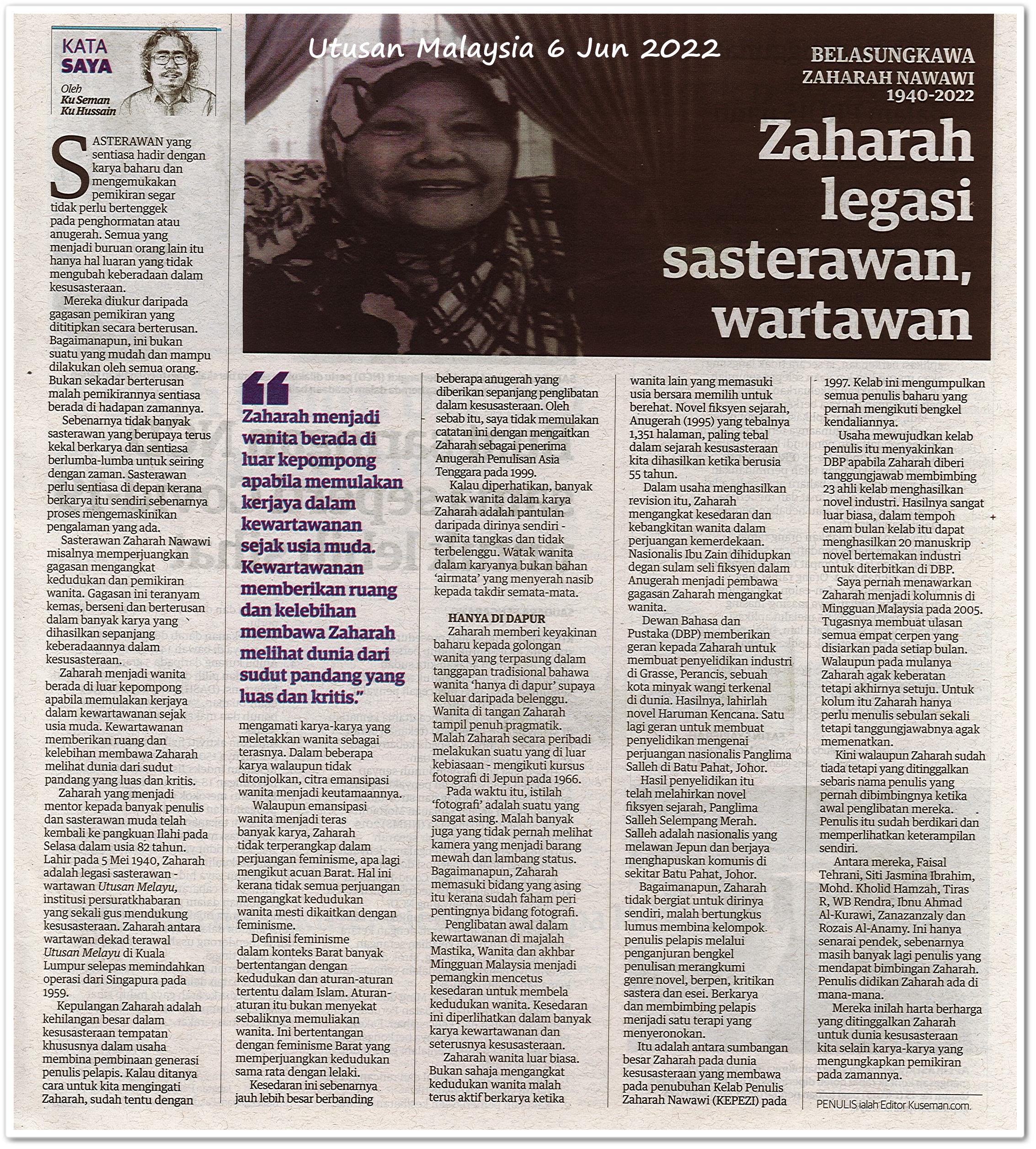 Zaharah legasi sasterawan, wartawan ; Belasungkawa Zaharah Nawawi 1940-2022 - Keratan akhbar Utusan Malaysia 6 Jun 2022